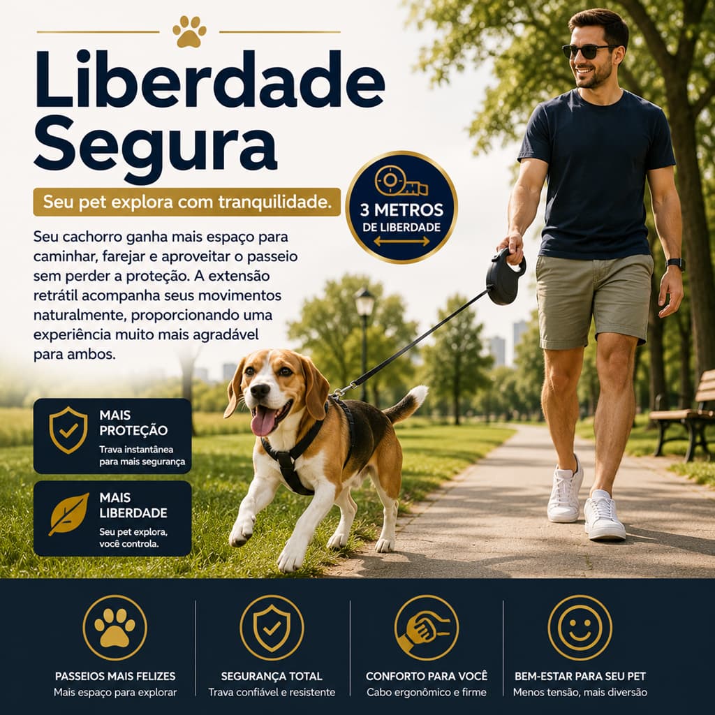 Guia Retrátil para Cachorro 3m com Trava Automática Cabo Ergonômico Resistente Liberté Pet™