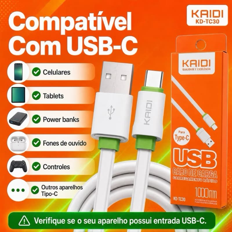 Cabo tipo C para celular Kaidi 1M USB C, carregamento rapido com cabo reforçado para o dia a dia