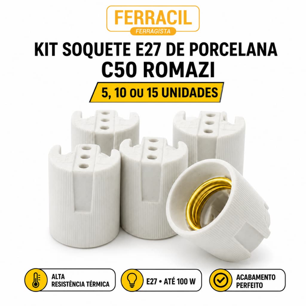 Kit 5 10 ou 15 Soquetes E27 de Porcelana Branco C50 Romazi para Lâmpada