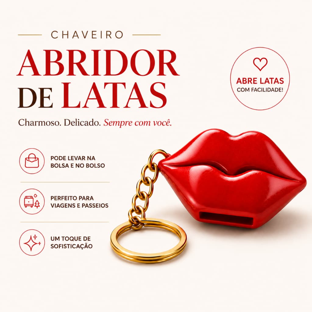 Chaveiro Abridor de Latas Beijo Feminino Protege Unhas Delicado Feminino Presente Mimo