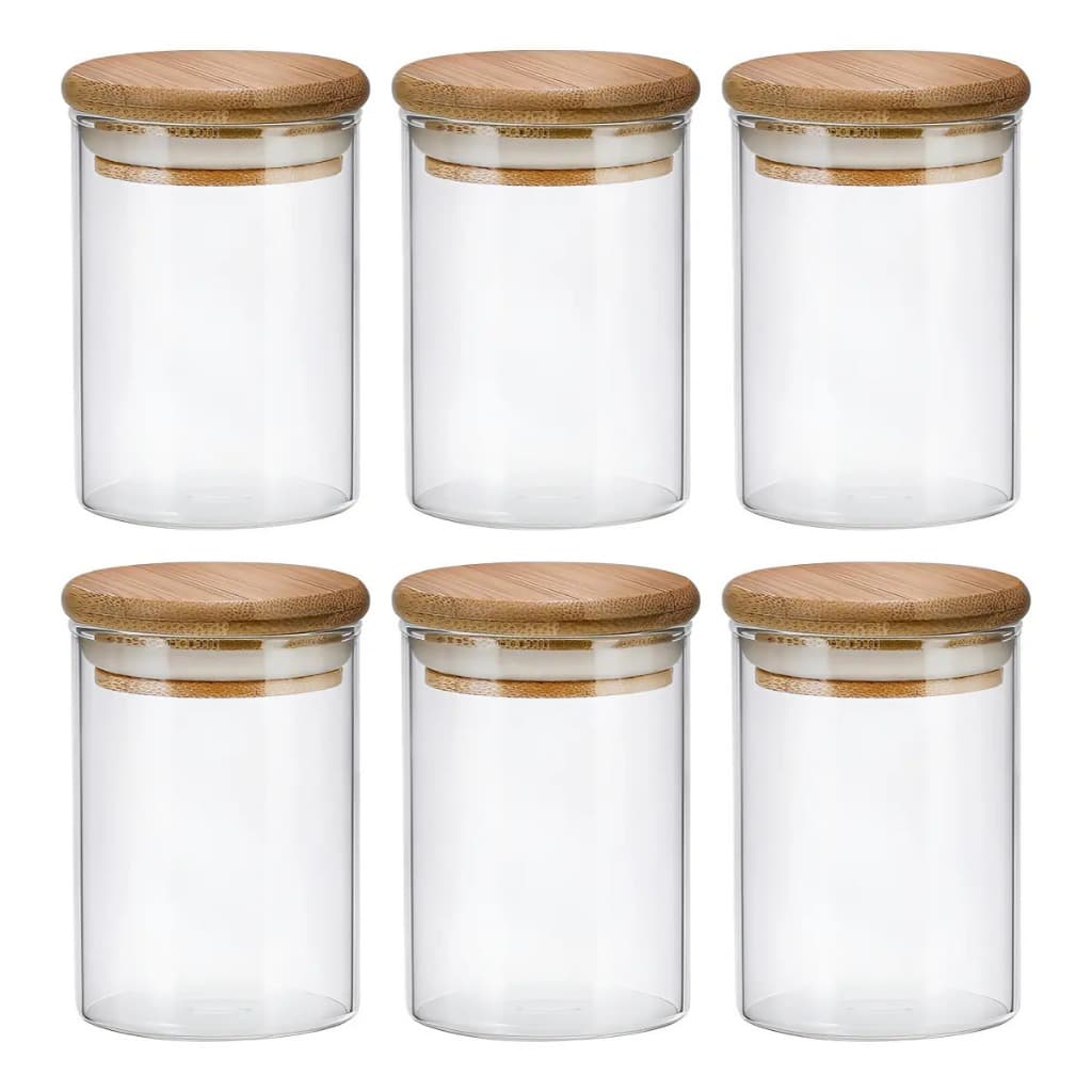 Kit 6 Pote Tampa De Bambu 200ml Hermético Vidro Borossilicato Porta Temperos Mantimentos Alimentos Redondo Cor Transpare