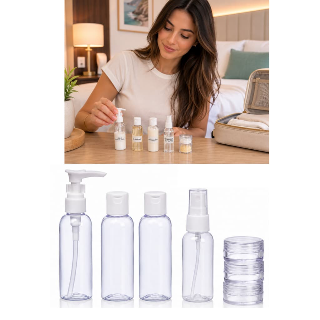 Frascos Viagem Kit Shampoo-Condicionador-Creme 7 peças Organizador Necessaire