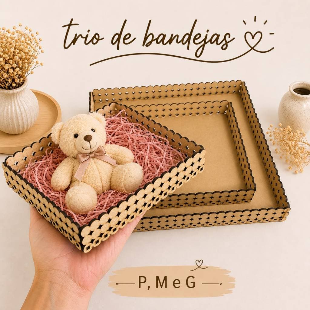 Trio Bandeja Pérola Quadrada MDF Cru cesta para presente floricultura