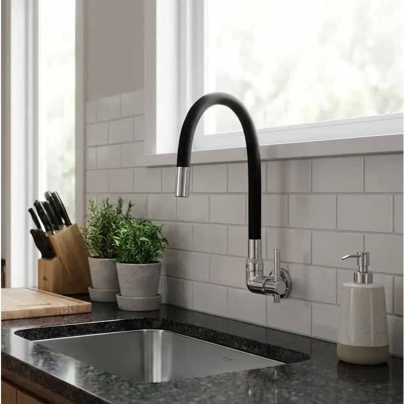 Torneira cozinha parede mangueira flexível cromada preta ABS