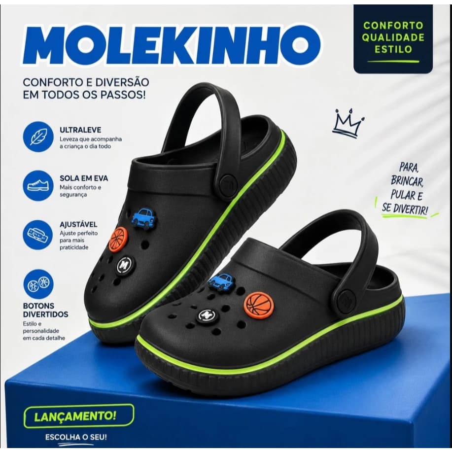 Sandália Chinelo Infantil Babuche Molekinho com Bottons Impermeável Nuvem Conforto Meninos Original Lançamento