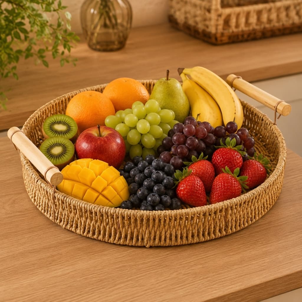 Bandeja Redonda Plástico Trançada Alça Organizadora Café da Manhã Fruteira Decoração 26cm ou 36cm