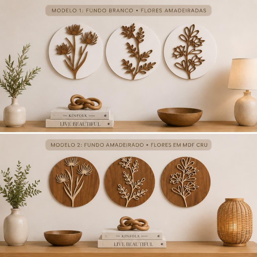 Trio de Quadros Redondos Florais Decorativos em MDF 3mm 32cm para Sala e Quarto