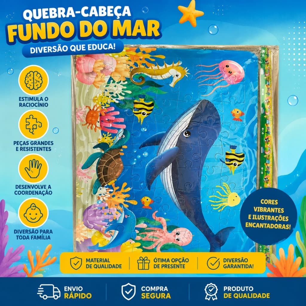 Quebra-Cabeça Fundo do Mar + Desenho para Colorir | Brinquedo Educativo Infantil
