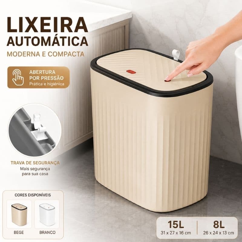Lixeira Slim 15L 8L Tampa por Pressão Click Antiodor Cozinha Banheiro Escritório Branco Bege