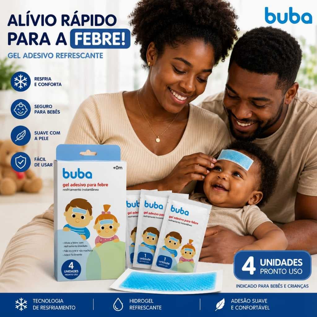 Adesivo Para Baixar Febre Buba Compressa Em Gel Refrescante Alívio Da Dor Pós Vacina Infantil Bebê Kit Com 4 Unidades