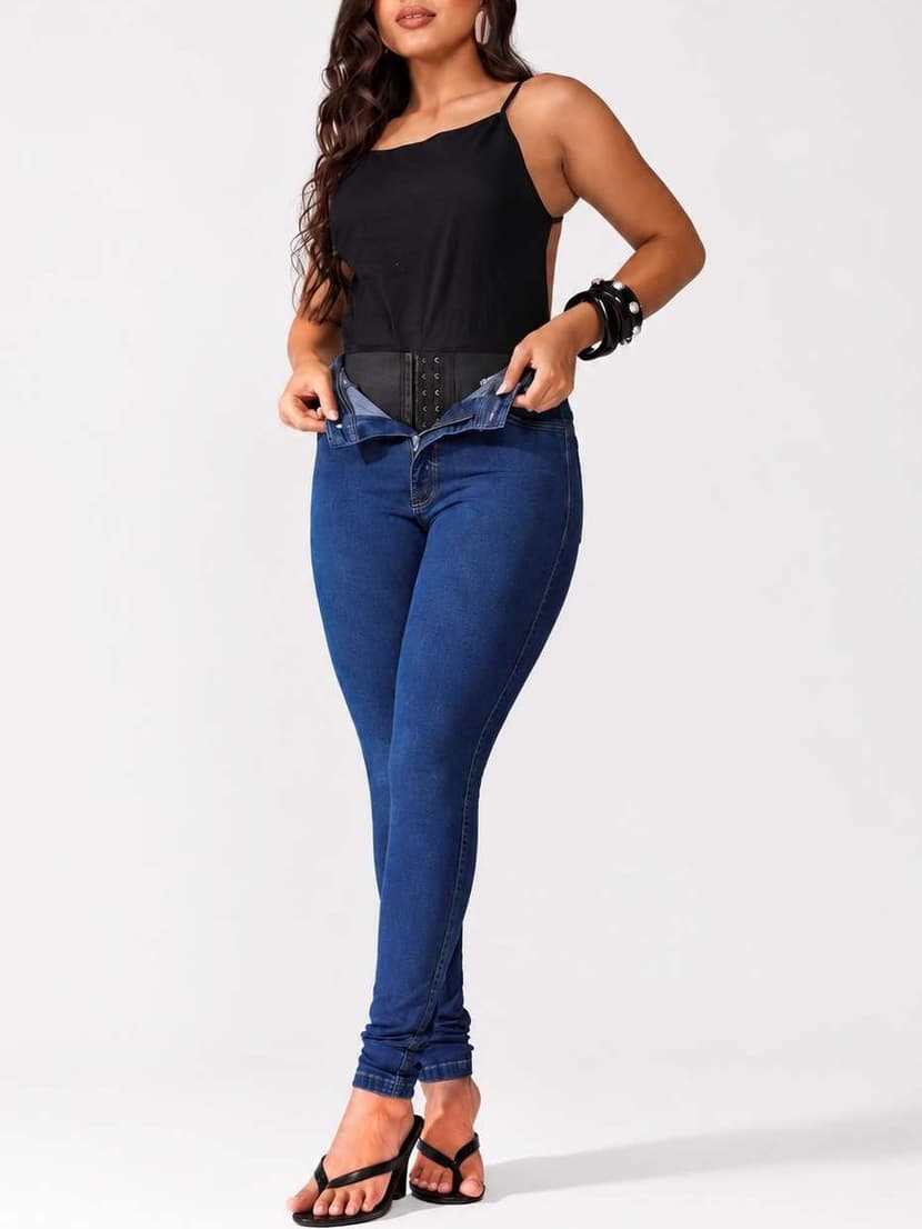 Calça Jeans Feminina Cintura Alta com Cinta Modeladora Interna Skinny Levanta Bumbum