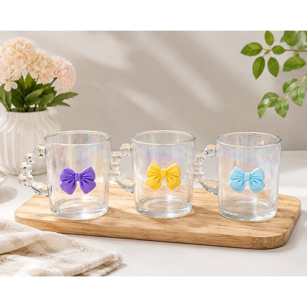 Caneca de Vidro 300ml com Laço Decorativo Transparente Xícara Elegante para Café Chá Cappuccino e Leite