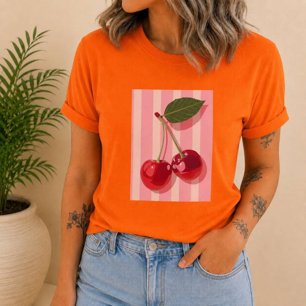 Camiseta Cerejas Retrô  Estampa Vintage Delicada com Fundo Listrado Rosa