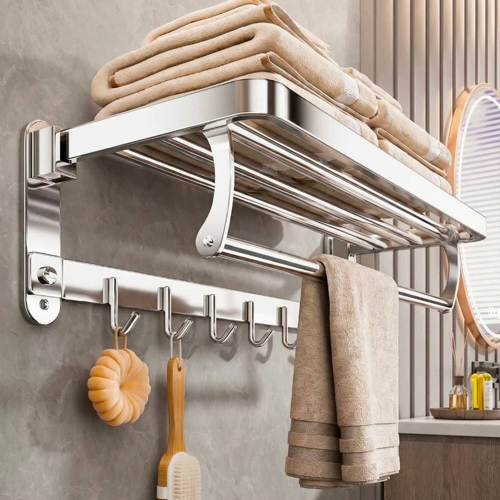 Toalheiro Dobrável de Parede 60cm Aço Inox Prata Porta Toalhas com Prateleira e 5 Ganchos Cola ou Parafuso