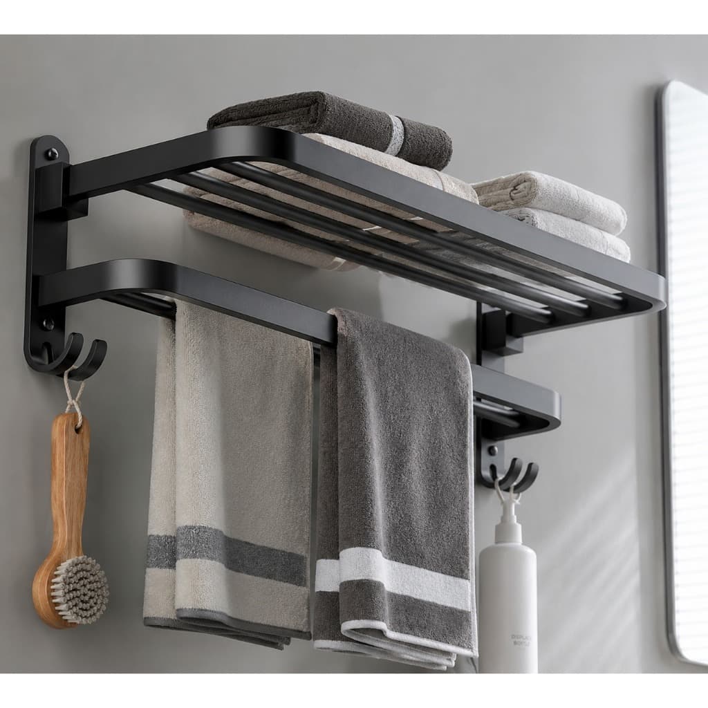Toalheiro Dobrável 60cm Inox Cinza Porta Toalha com Prateleira Cola ou Parafuso