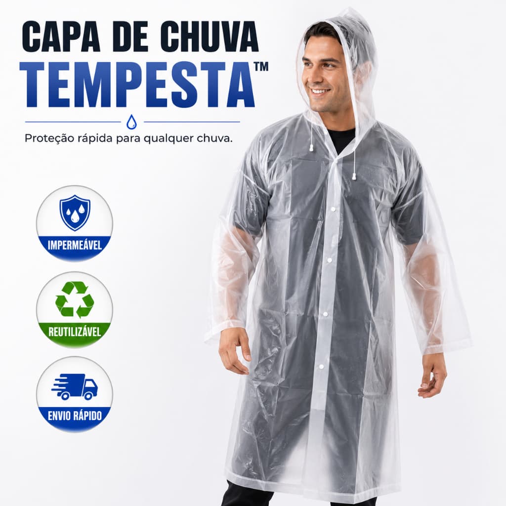 Capa de Chuva Adulto Tempesta Transparente Impermeável com Capuz Botões Reutilizável