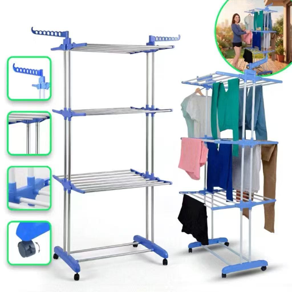 Varal de Roupas com 3 Andares de Chão Dobrável Portátil Vertical Grande Retrátil Reforçado