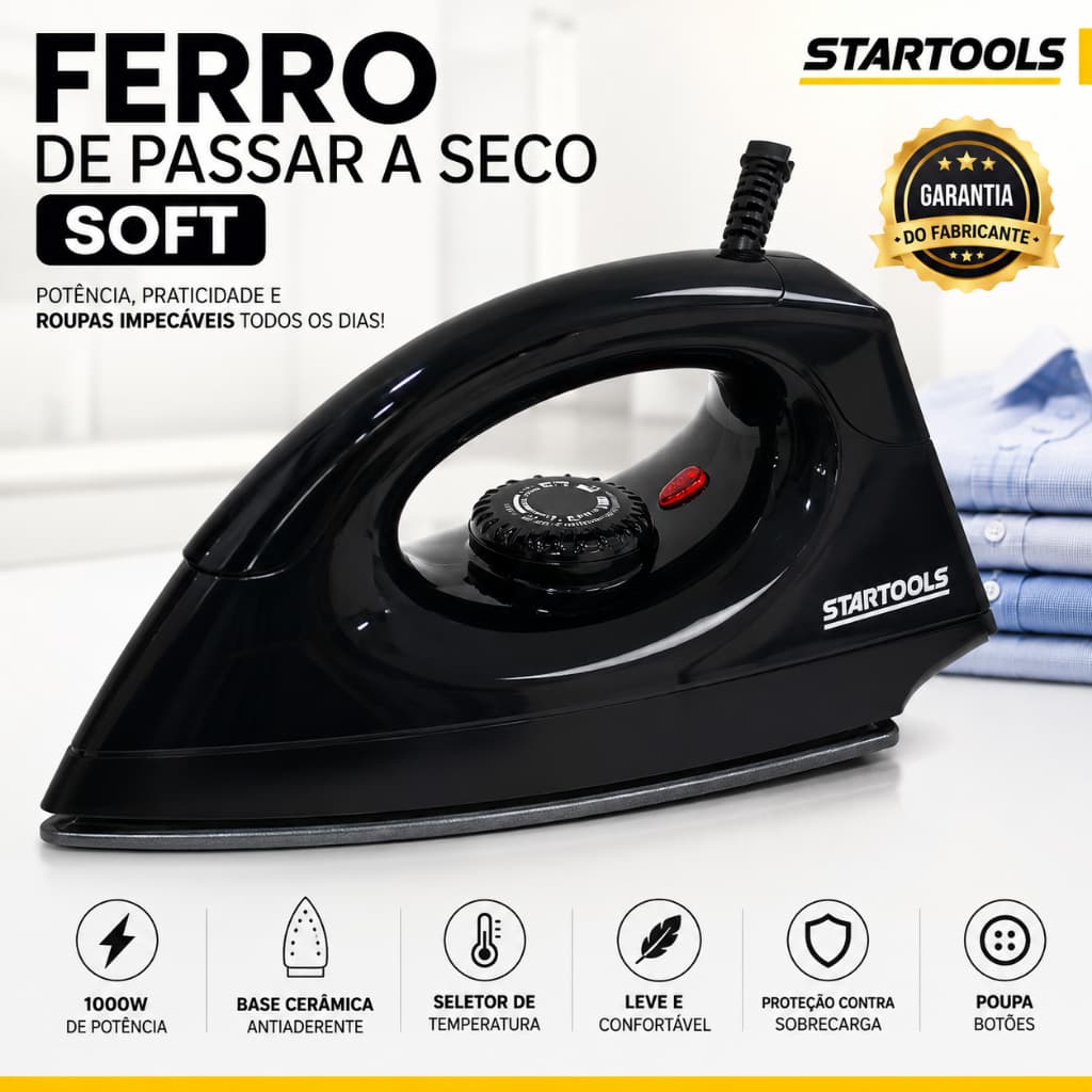 Ferro de Passar A Seco Soft 127V 1000W Base Cerâmica Antiaderente Seletor de Temperatura Startools Preto