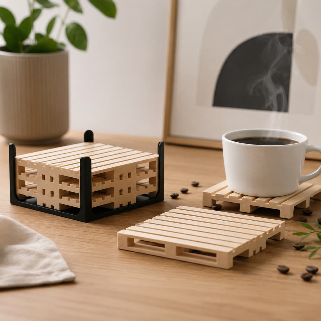 Porta-Copos Pallet – Kit com 4 Unidades + Suporte, jogo americano moderno, porta copo vintage, enfeite porta copo