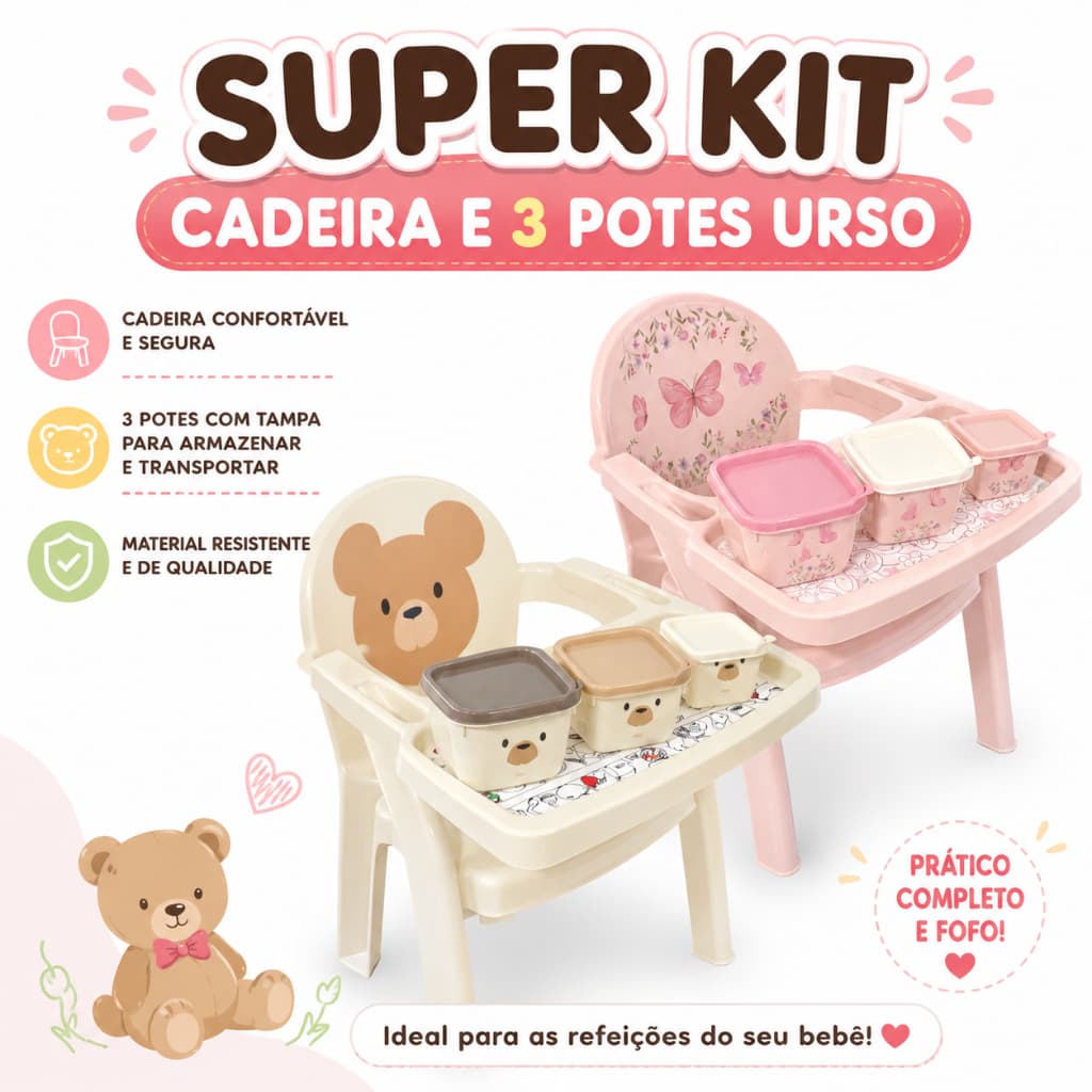 Cadeira de Alimentação Bebê Infantil +3 potes  Safari Urso Creme Jardim Encantado