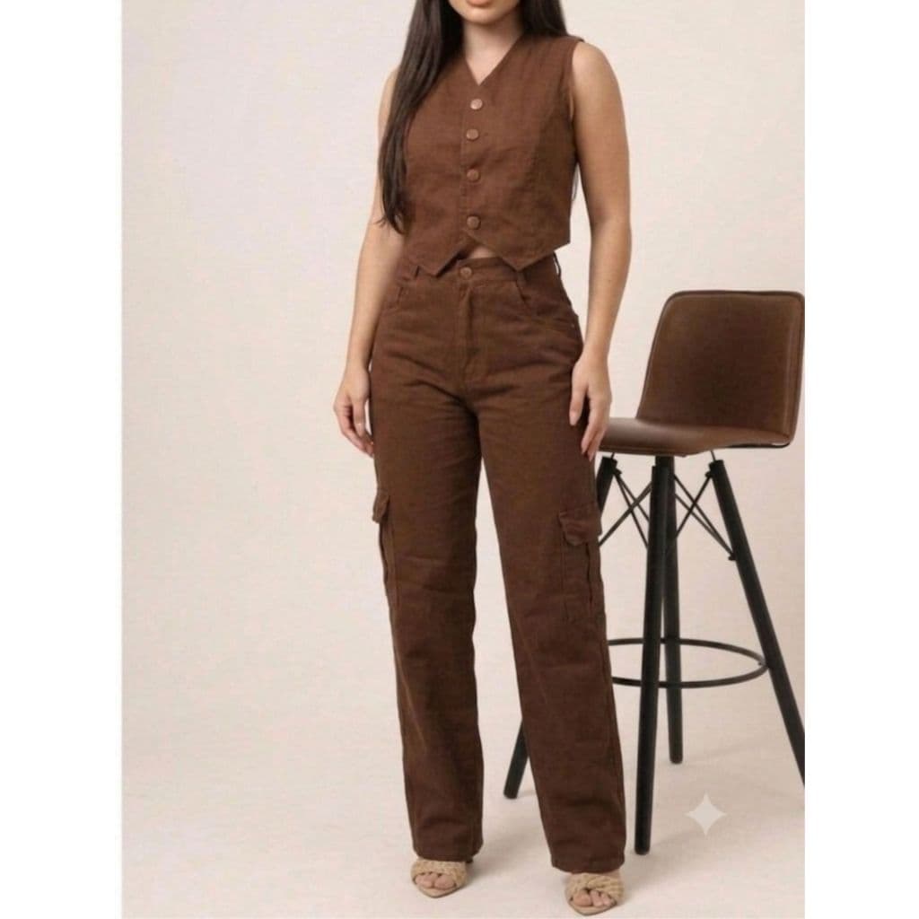 Wide leg jeans Marrom Cafe Cargo, qualidade Premium, cintura alta, veste bem.