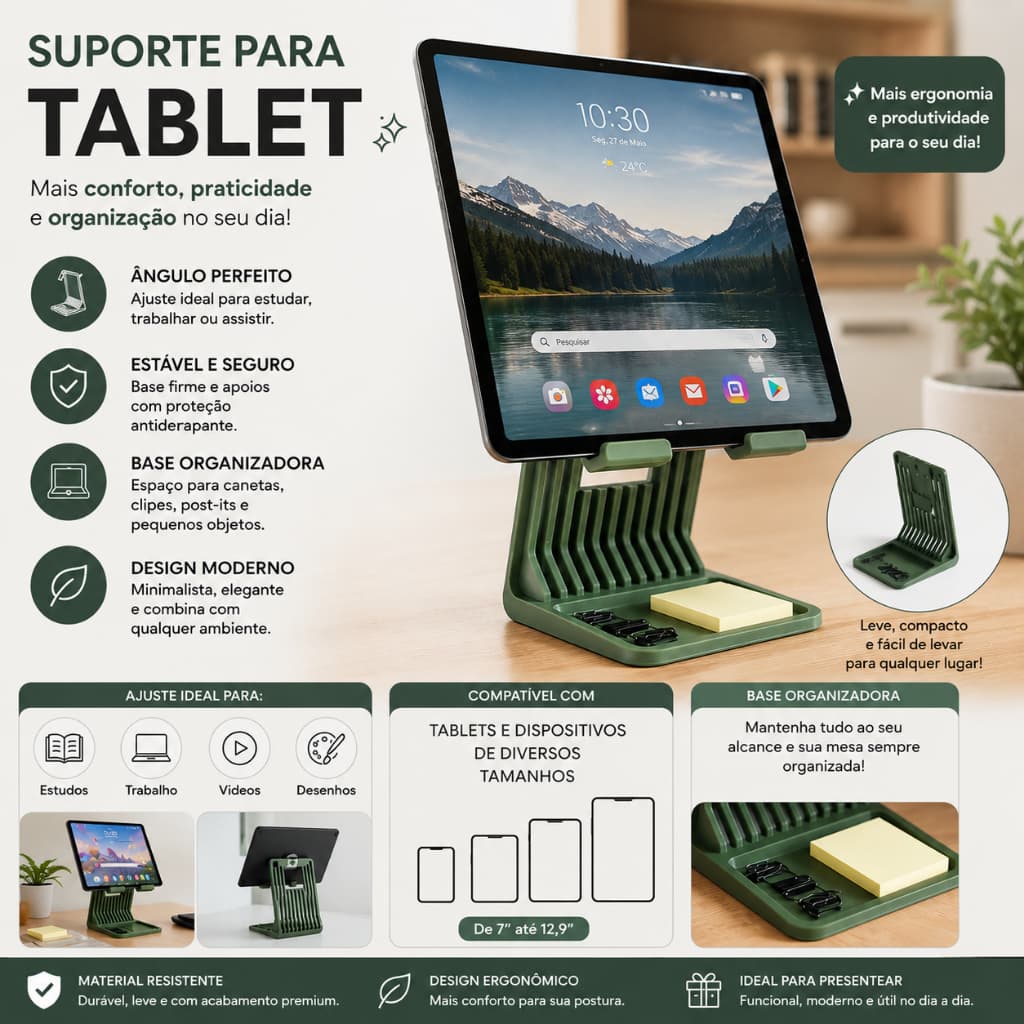 Suporte para Tablet Universal com Base Organizadora | Suporte de Mesa Ergonômico para Tablets
