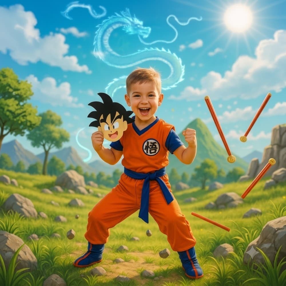 Fantasia Infantil Goku Conjunto Completo com Máscara EVA - 2 a 10 Anos - Aniversário Carnaval