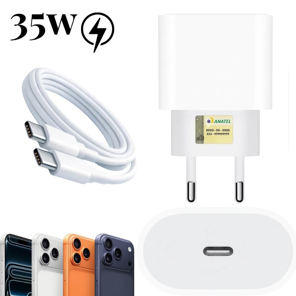 Carregador 35W Compatível Iphone 15 16 17 Pro Max Turbo USB C Tipo C