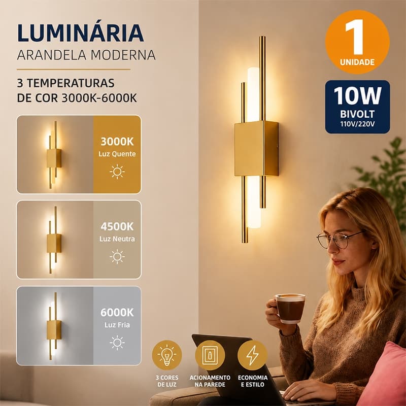 Arandela de Parede LED Dourada Moderna 10W Bivolt, 3 Temperaturas de Cor para Sala de Estar, Banheiro e Corredor