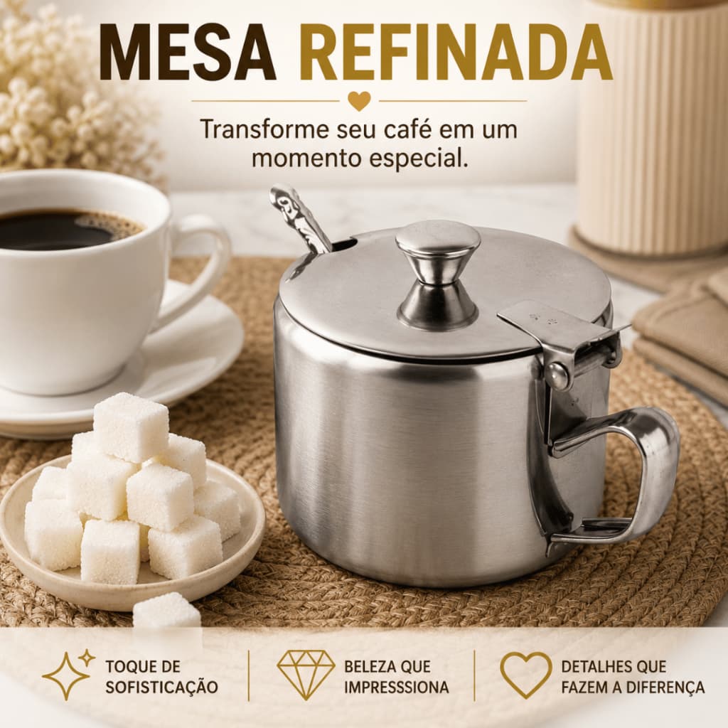 Açucareiro de Inox com Tampa e Colher 220Ml e 420Ml Pote Para Açúcar Cafeteria Cozinha Elegante