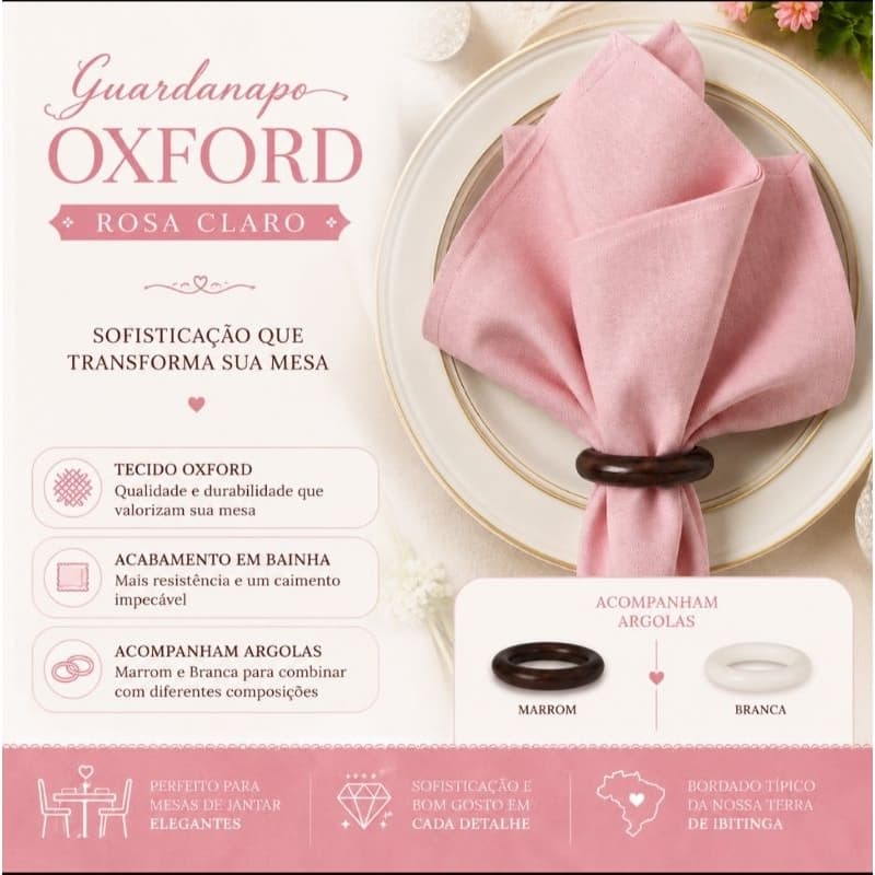 Guardanapo de Mesa Oxford com Argolas Kit 4 ou 6 Unidades Jogo de Guardanapos para Mesa Posta Decoração