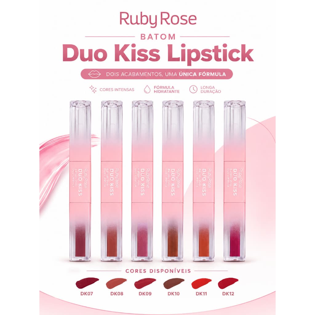 Batom Duo Kiss Lipstick Ruby Rose 2 em 1 – Cores DK07, DK08, DK09, DK10, DK11 e DK12