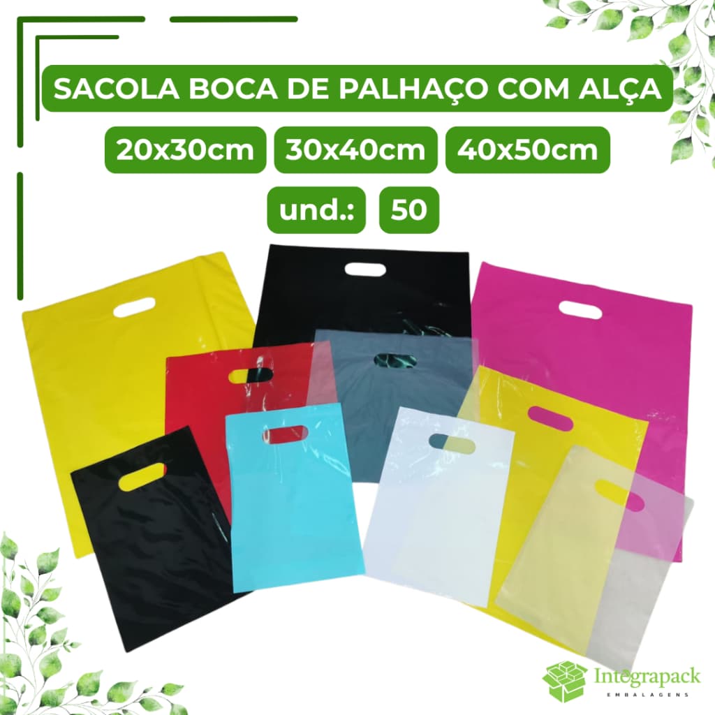 Sacola Plástica Colorida Boca de Palhaço Com Alça Reforçada 50 Unidades Embalagem Loja Presente