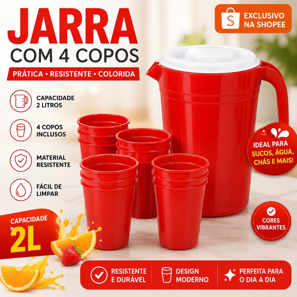 Jarra 2 Litros com 4 Copos Resistente e Moderna – Kit Completo para Sua Cozinha