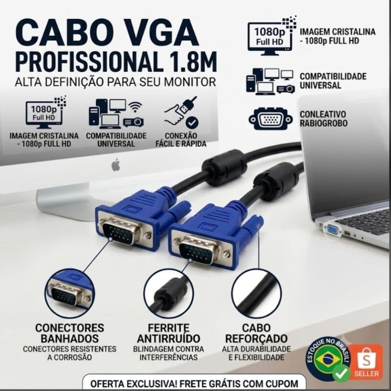 Cabo VGA profissional para Monitor TV Projetor e Pc notebook