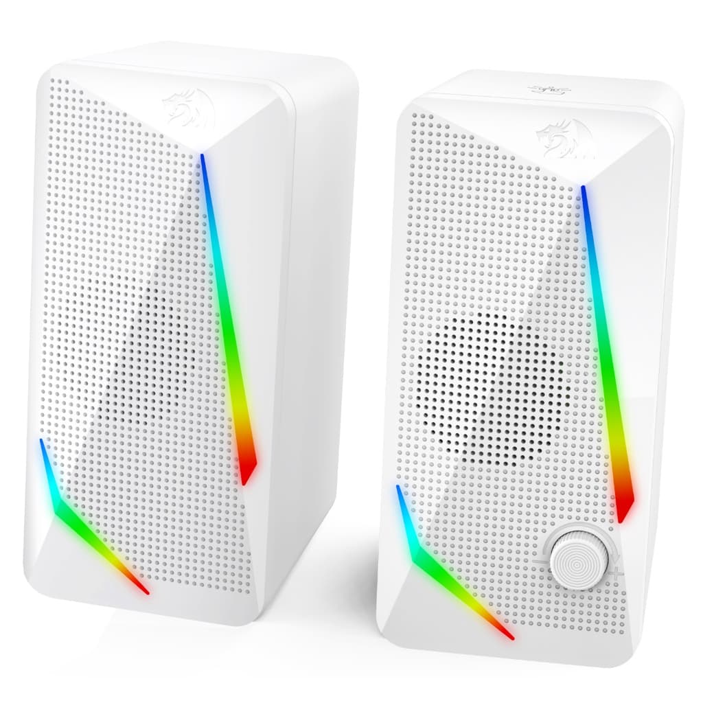 Caixas de Som Gamer Redragon Waltz RGB Branco Stereo 2.0 5W USB + 3.5mm com Roda de Volume