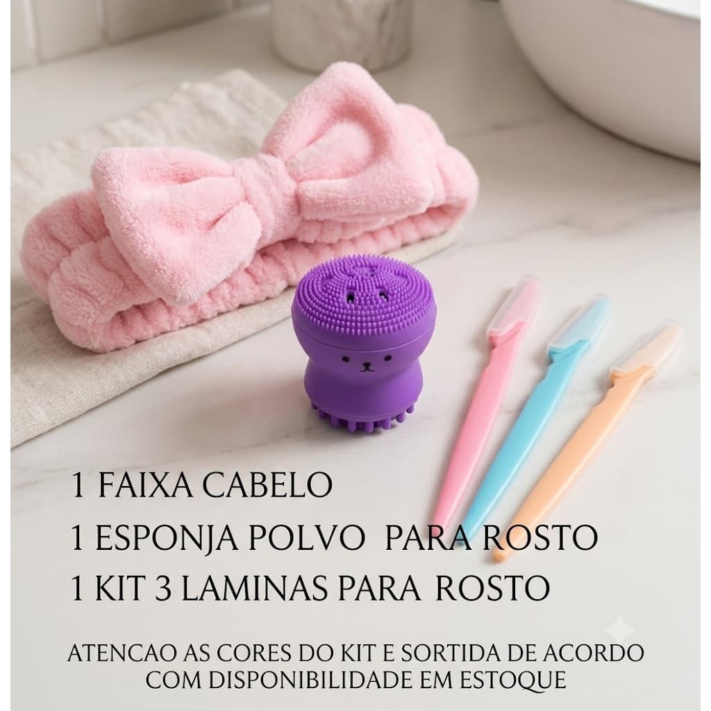 Kit Skincare Facial Faixa de Cabelo + Esponja Polvo + 3 Lâminas Faciais