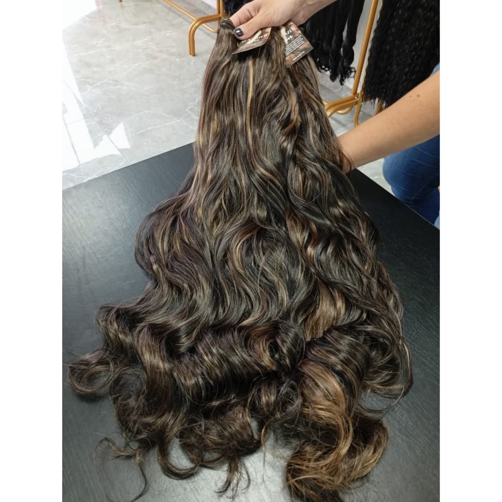 Aplique de Cabelo Europeu Semi Humano Natural Ondulado Morena Iluminada na Tela 50cm