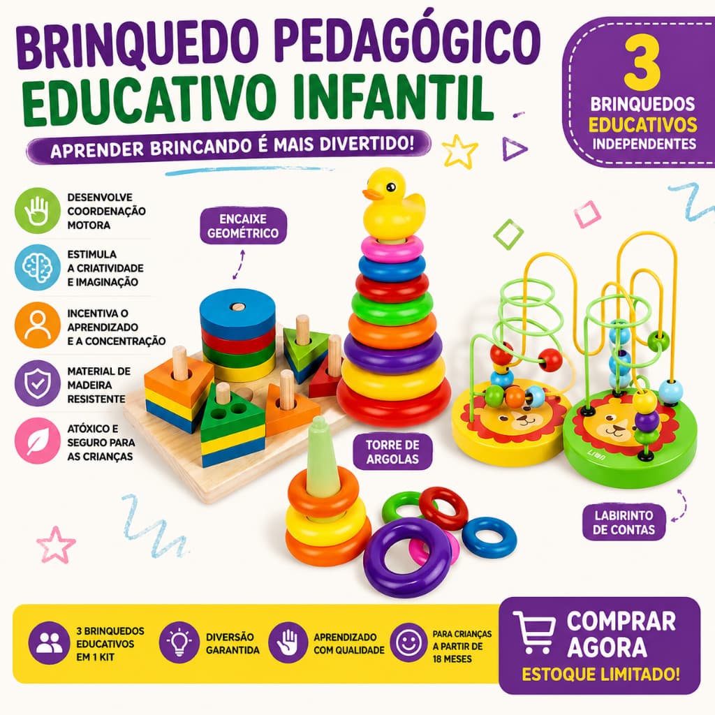 Brinquedo Pedagógico Infantil Madeira Montessori Educativo Coordenação Motora Encaixe Abaco Colorido