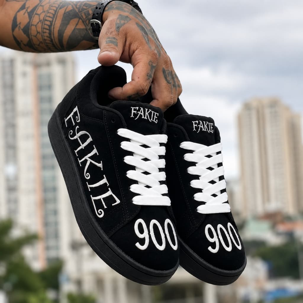 Tênis Casual Masculino Streetwear Fake 900 Preto Camurça Cadarço Branco Confortável Fashion Urbano Skate