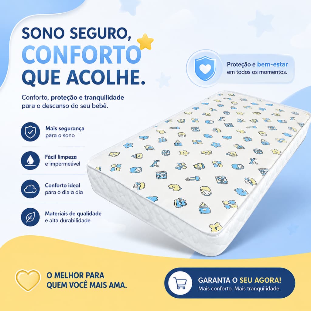 Colchão De Berço Impermeável 130x70 D18 chiqueirinho Cor Branco Espuma Macia Confortavel Padrão berço americano