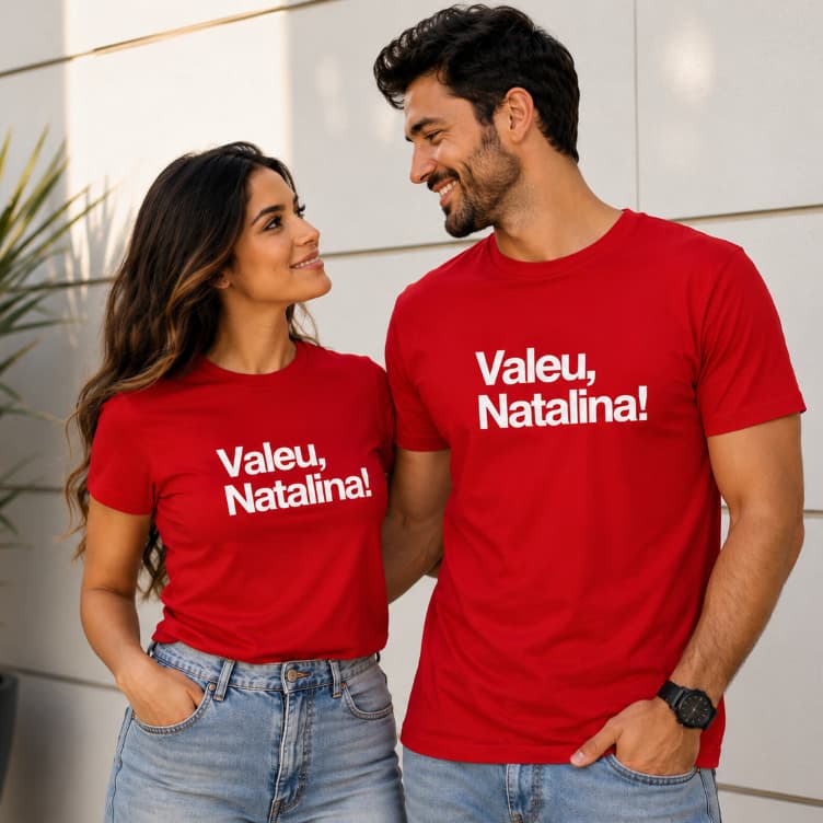Kit Casal Camiseta Valeu Natalina Estampada Natal Merry Christmas Feliz Festas + Brinde