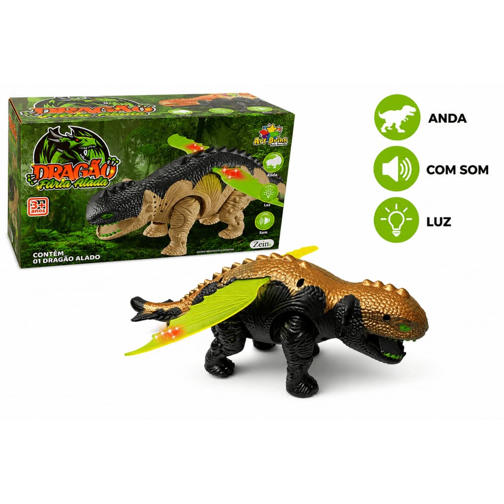 Brinquedo Dragão Dinossauro 25cm Anda Sozinho Com Som e Luz A Pilha