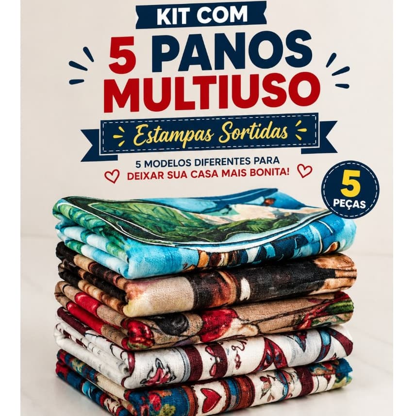 Kit 5 Panos De Copa Multiuso Estampas Sortidas Microfibra