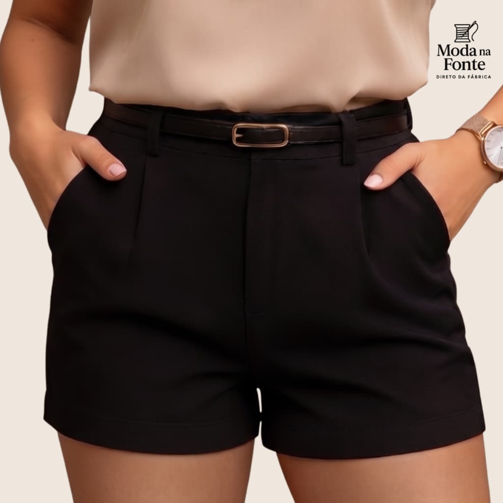 Shorts Feminino de Alfaiataria Com Bolso e Cinto Cintura Alta Social Zar