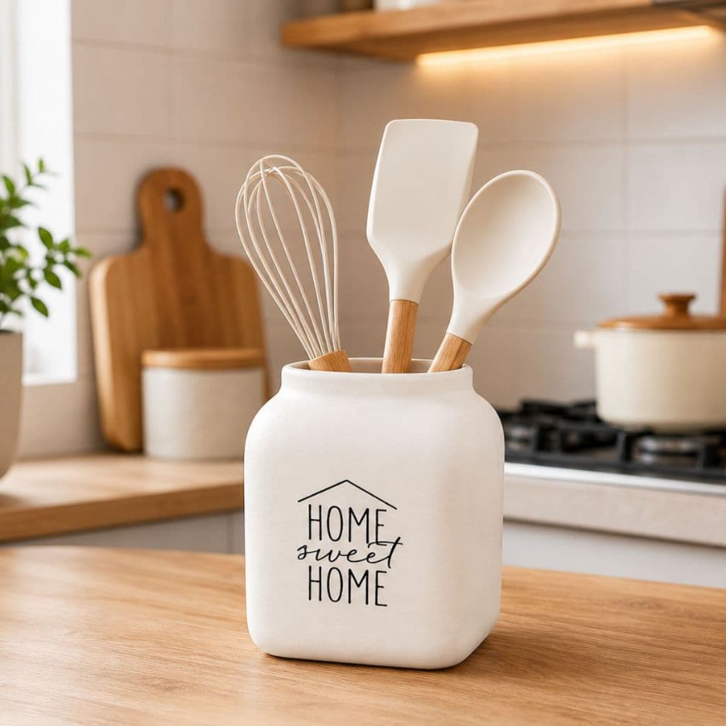 Porta Talheres Cerâmico Branco Decorativo Casa Cozinha