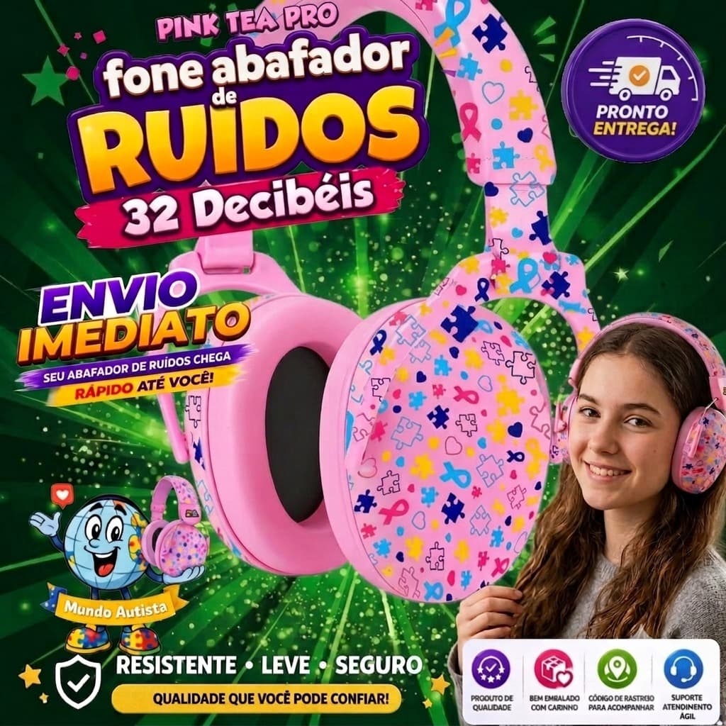 Abafador PINK TEA 32DB Autismo Fone Protetor de Som Ouvido Auricular Ruido Confortavel Tdah Autista