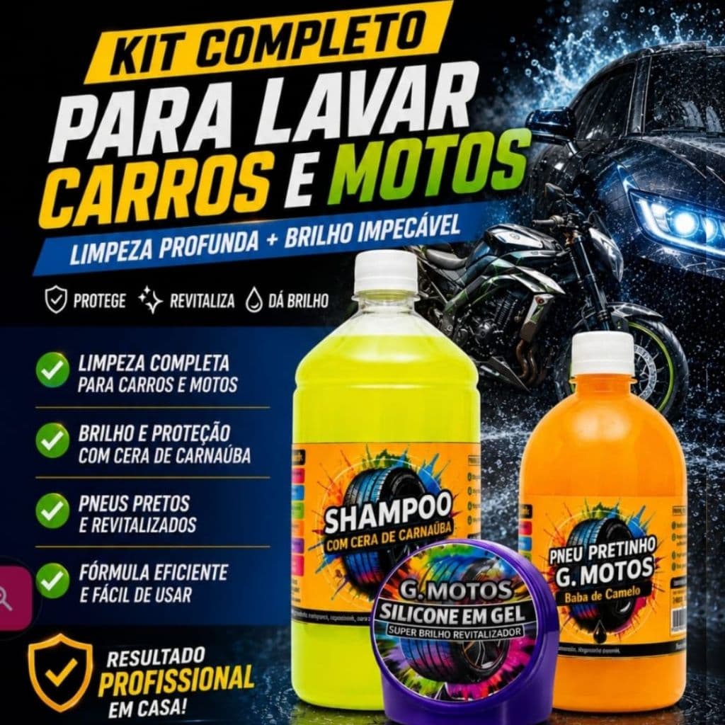 Kit Completo Lavagem Limpeza Carro e Moto Shampoo+ Pretinho + Silicone Em gel Seu Lava Rápido Em Casa