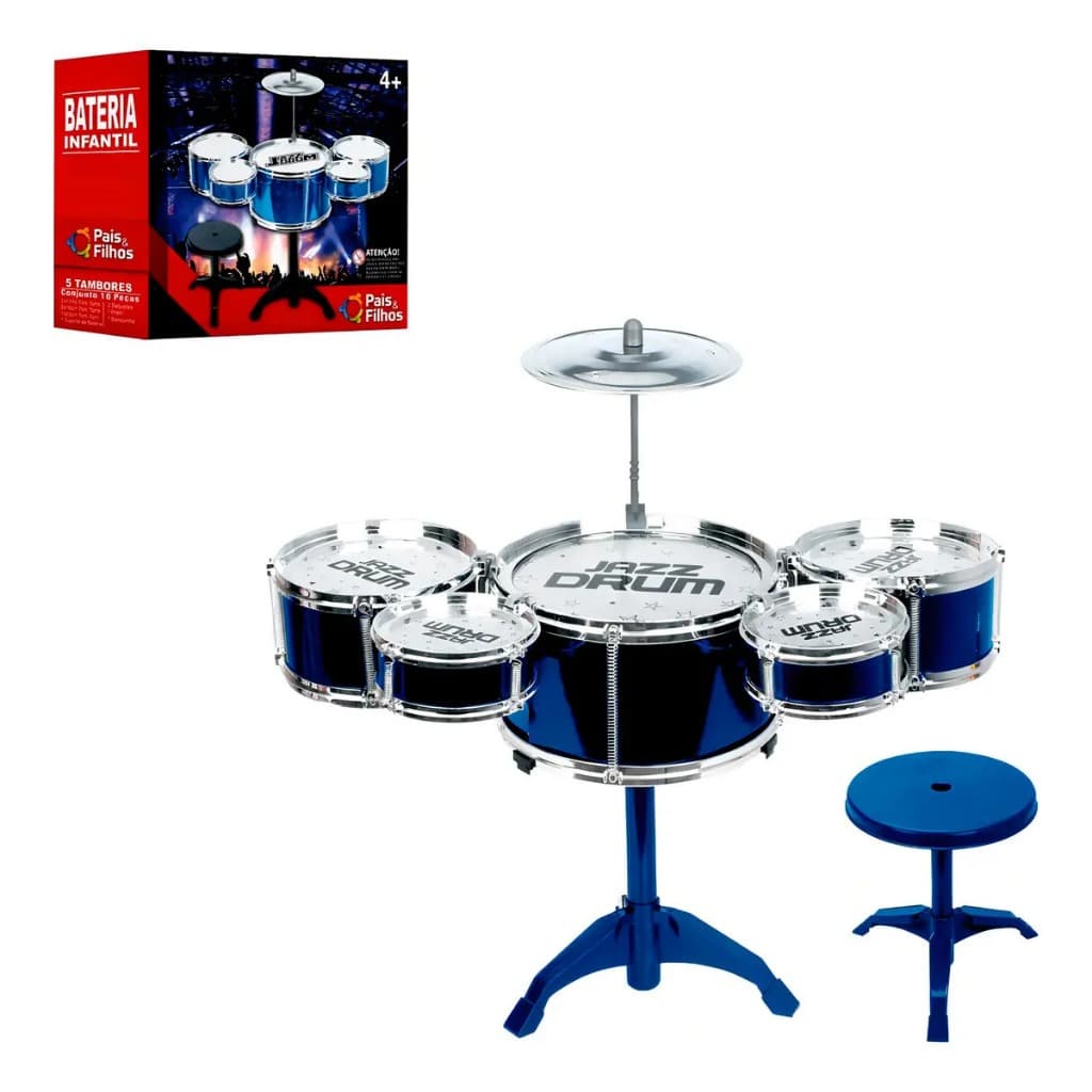 Bateria Infantil Completa com Banquinho Pais & Filhos 5 Tambores