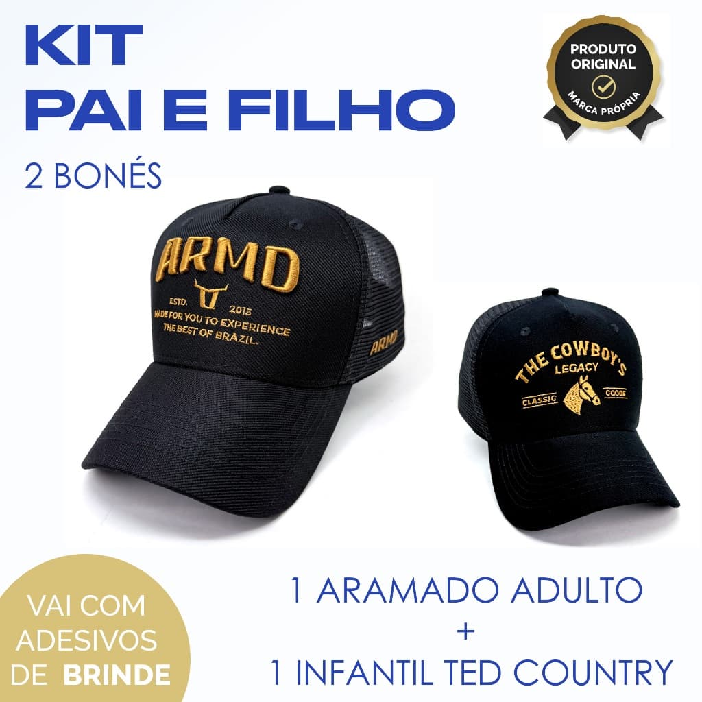 Kit Pai e Filho Boné Country Adulto Aramado + Infantil Dia dos Pais